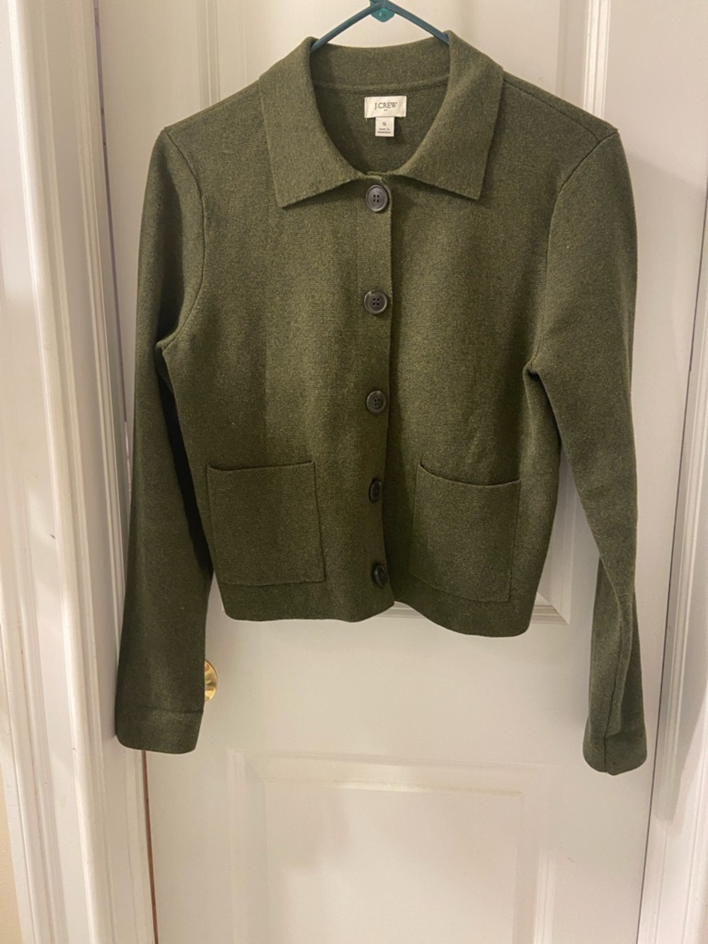 J. Crew Sweater Jacket Olive Green Button Front Patch Pocket Collard.